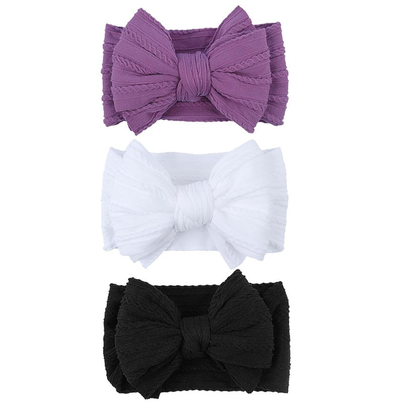 LemonSpace Store Handmade Baby Girls Headbands Soft Stretchy Nylon Hair Bands Hair Accessories with Bows for Newborn Baby Girls Infant Toddlers Kids(White Black Purple) - Image 1